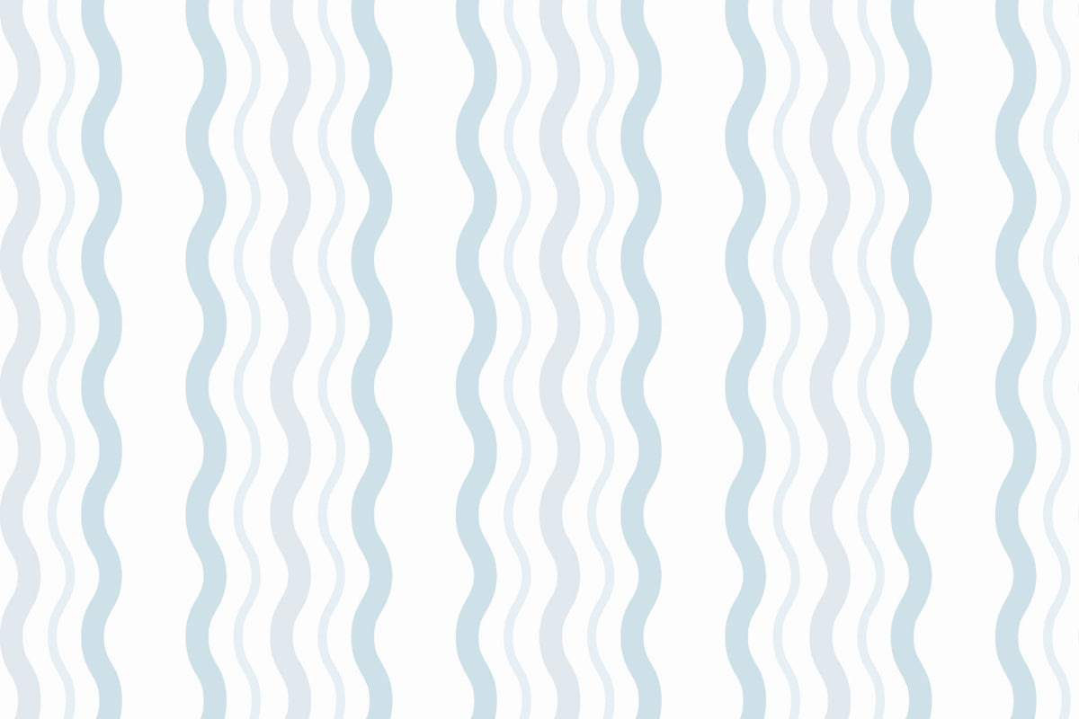 Flat pattern view of The Ripple Trim wallpaper in sky blue, showing the rippling stripes