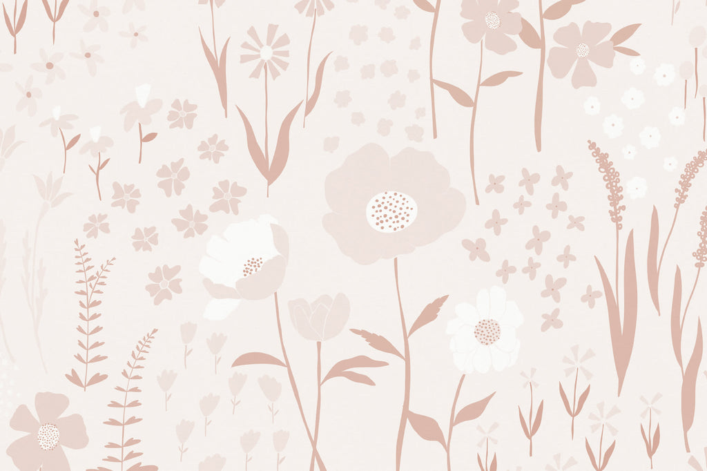 Flat pattern view of The Rosehip Field wallpaper in dusky pink, showing the tall flowers and seed heads