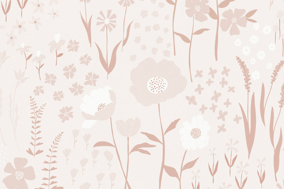Flat pattern view of The Rosehip Field wallpaper in dusky pink, showing the tall flowers and seed heads