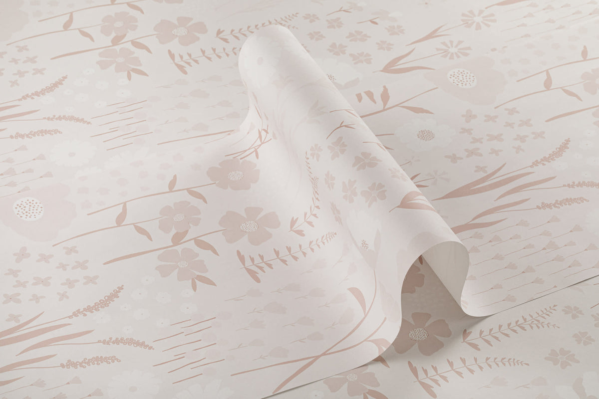 Roll of The Rosehip Field wallpaper in dusky pink