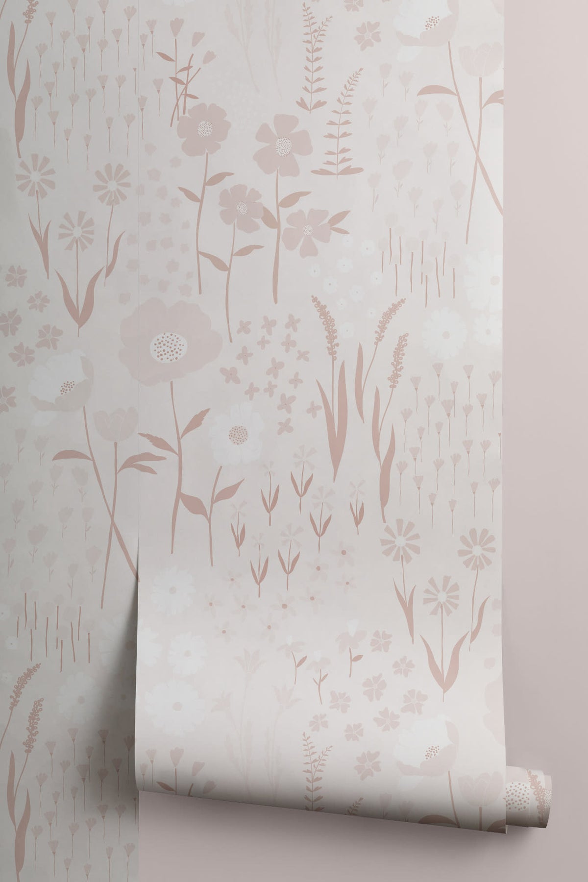Roll of The Rosehip Field wallpaper in dusky pink, another angle