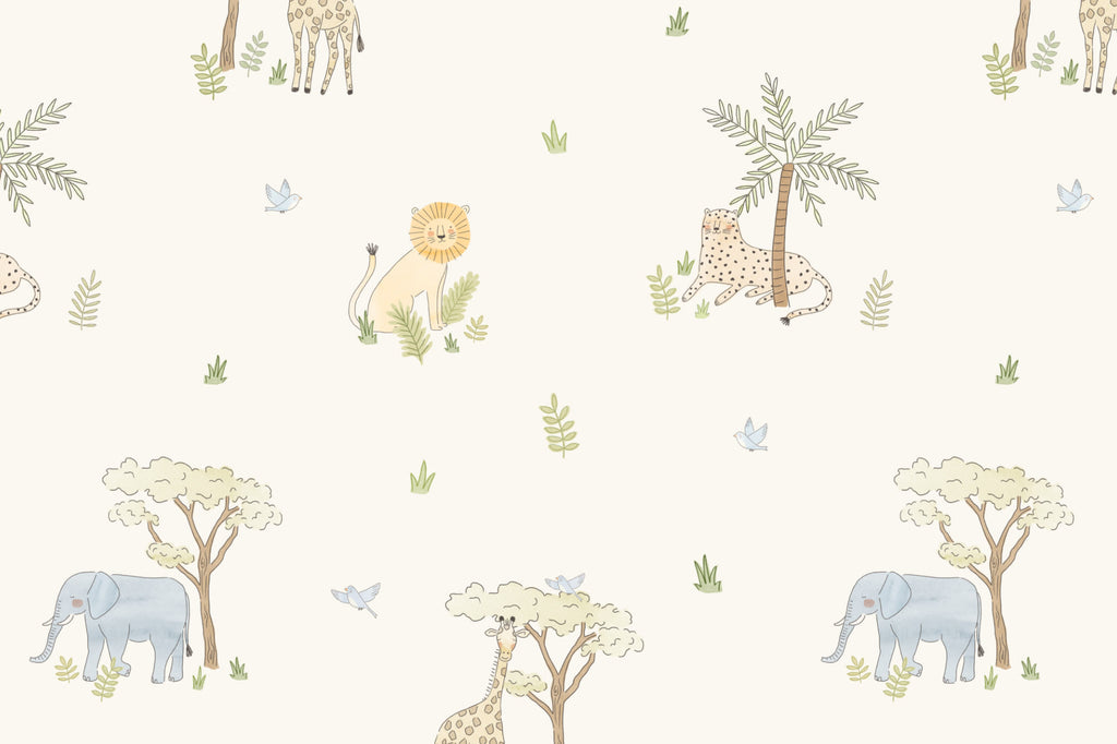 Flat pattern view of The Savanna Parade wallpaper in pastel neutral, showing the safari animals and acacia trees