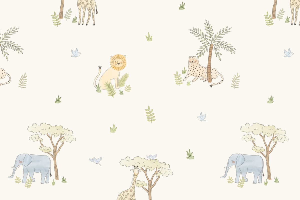 Flat pattern view of The Savanna Parade wallpaper in pastel neutral, showing the safari animals and acacia trees