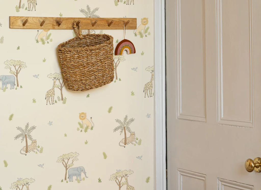 The Savanna Parade wallpaper in pastel neutral in a hallway