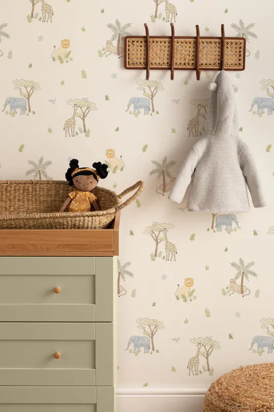 The Savanna Parade wallpaper in pastel neutral in a child's bedroom