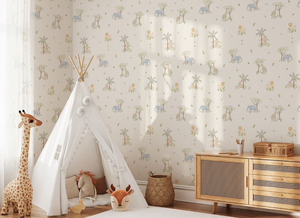 The Savanna Parade wallpaper in pastel neutral behind a kids' play corner