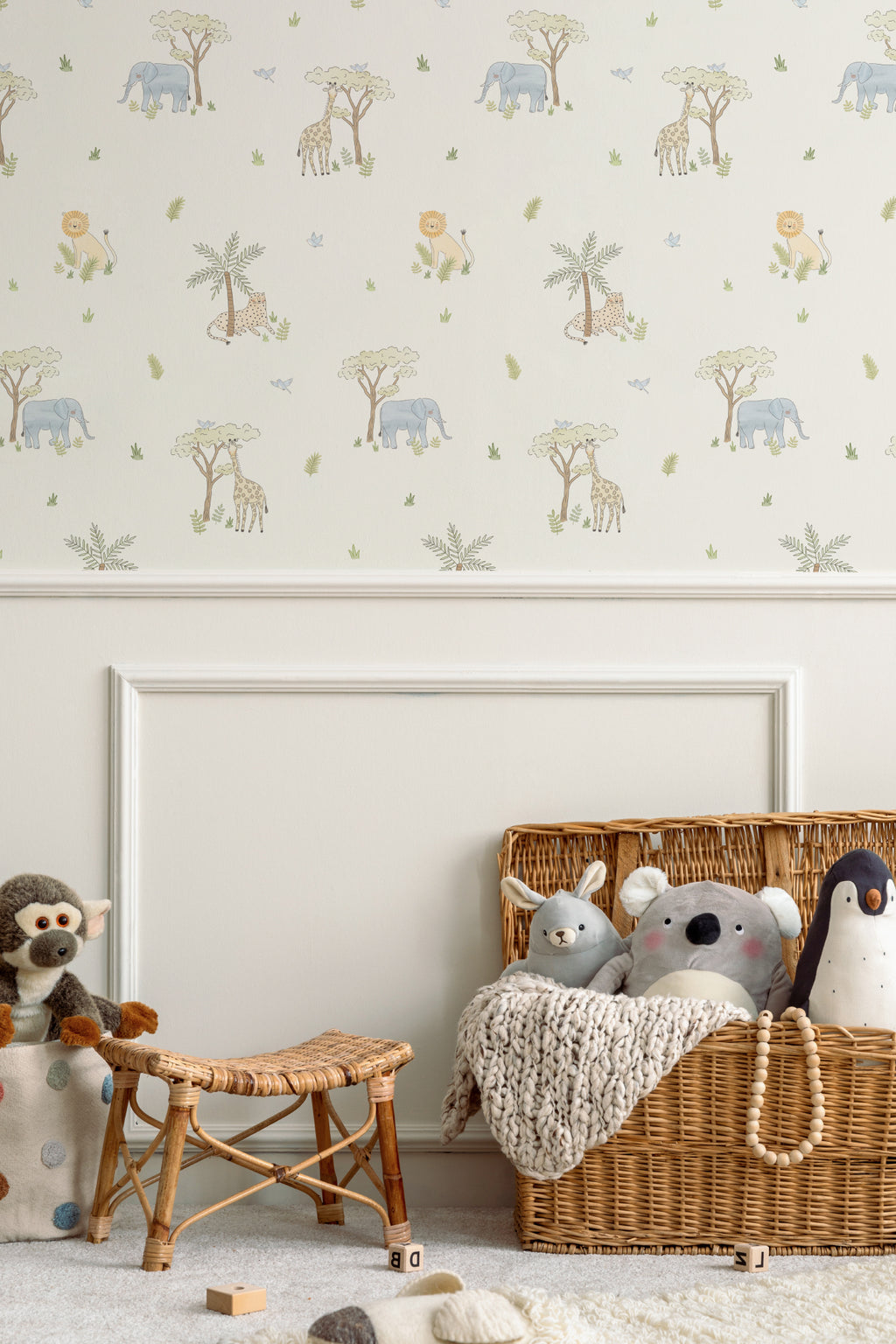 The Savanna Parade wallpaper in pastel neutral in a living room
