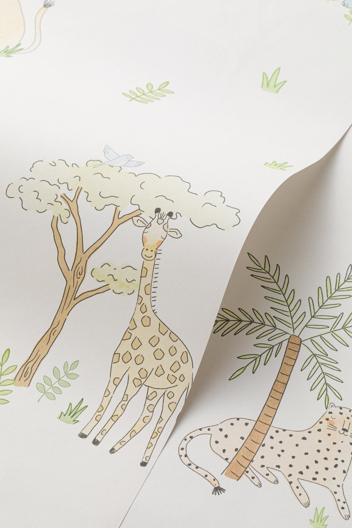 Angled detail of The Savanna Parade wallpaper in pastel neutral