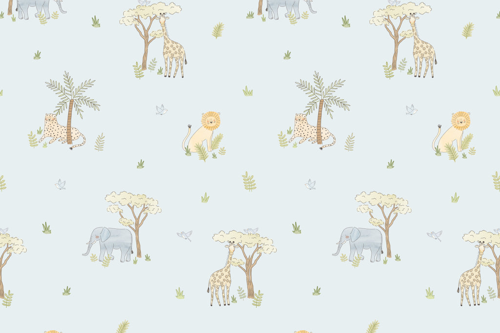 Flat pattern view of The Savanna Parade wallpaper in powder blue, showing the safari animals and acacia trees
