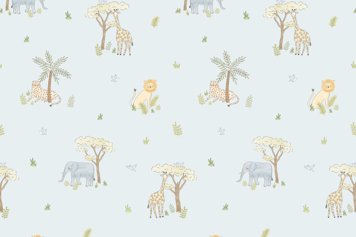 Flat pattern view of The Savanna Parade wallpaper in powder blue, showing the safari animals and acacia trees
