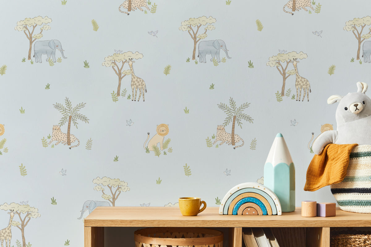 The Savanna Parade wallpaper in powder blue in a child's bedroom