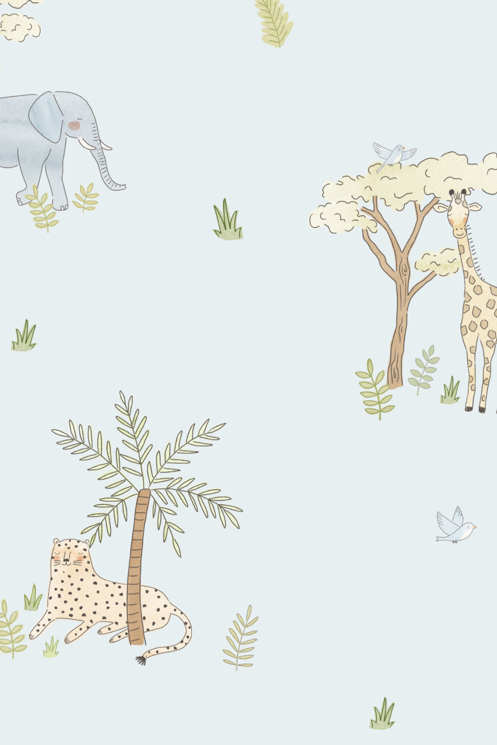 Close-up of The Savanna Parade wallpaper in powder blue showing the safari animals and acacia trees in detail
