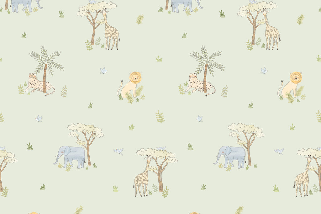 Flat pattern view of The Savanna Parade wallpaper in soft sage, showing the safari animals and acacia trees