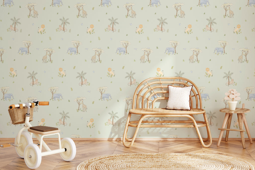 The Savanna Parade wallpaper in soft sage in a child's bedroom
