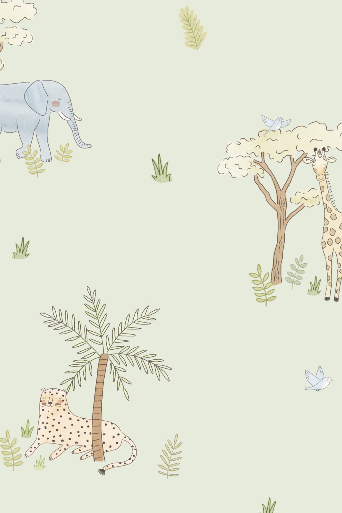 Close-up of The Savanna Parade wallpaper in soft sage showing the safari animals and acacia trees in detail