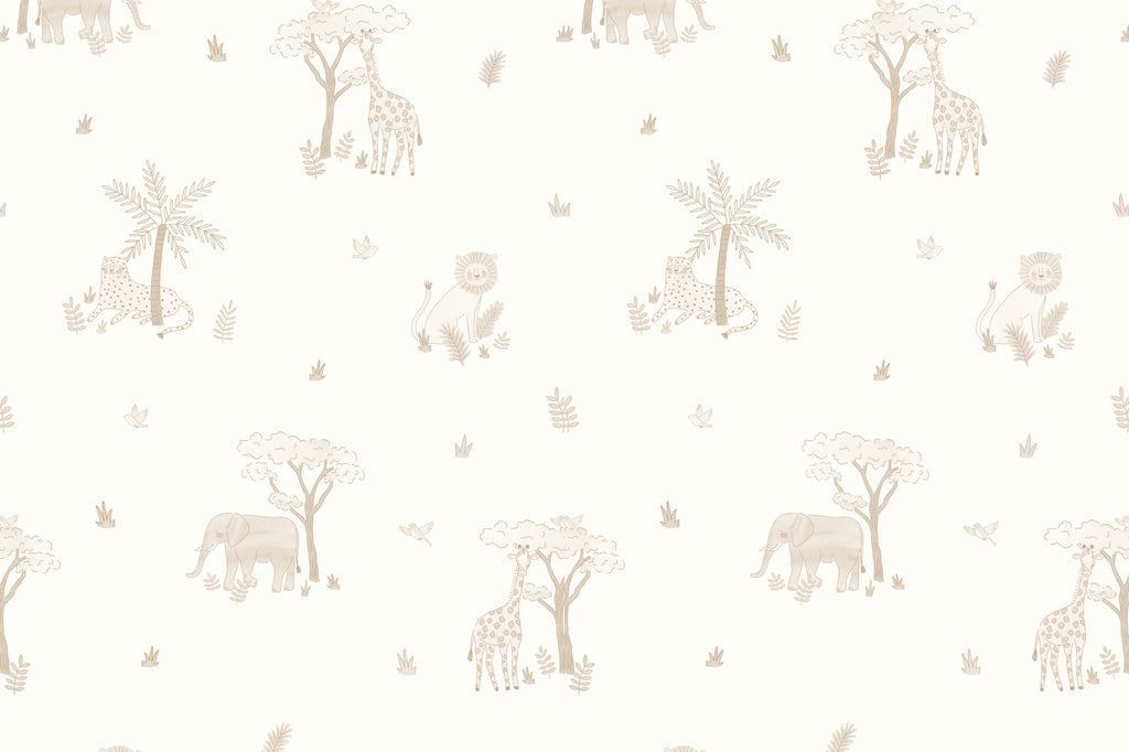 Flat pattern view of The Savanna Parade wallpaper in warm sand, showing the safari animals and acacia trees