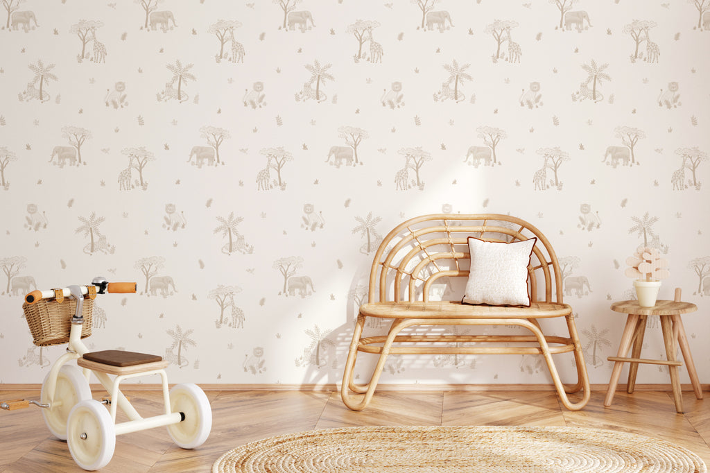 The Savanna Parade wallpaper in warm sand behind a kids' play corner