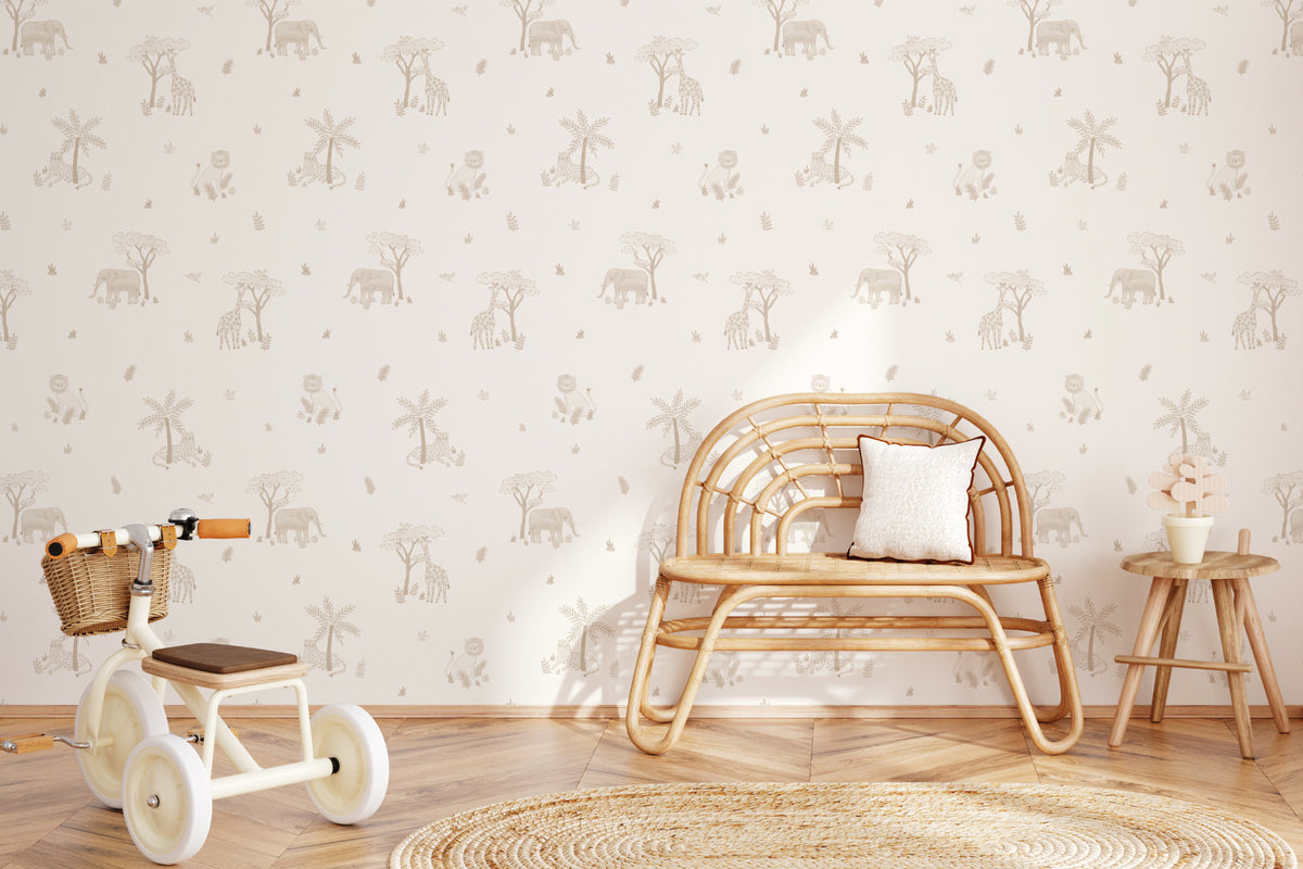 The Savanna Parade wallpaper in warm sand behind a kids' play corner
