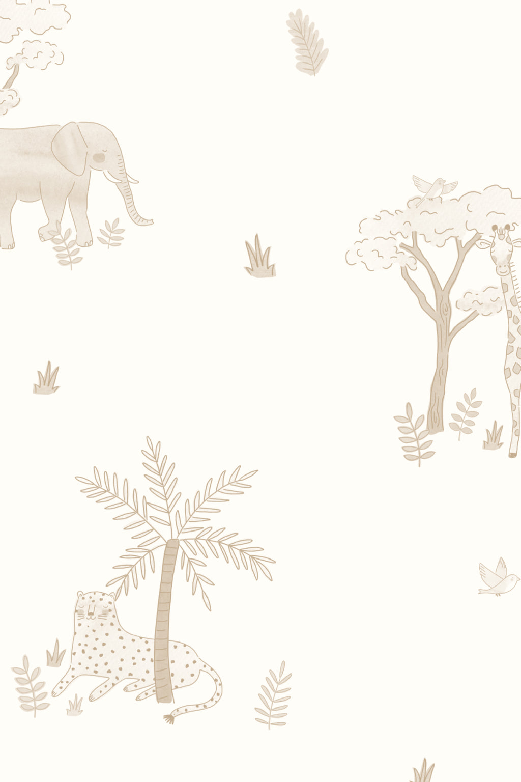 Close-up of The Savanna Parade wallpaper in warm sand showing the safari animals and acacia trees in detail
