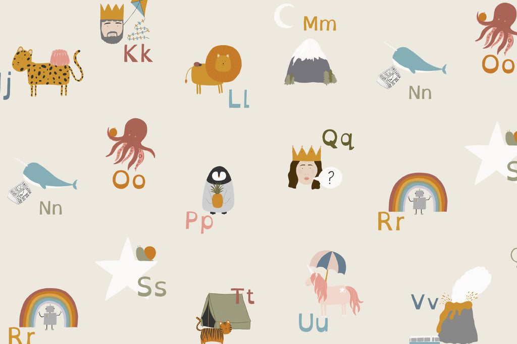 Flat pattern view of The Schoolroom Primer wallpaper in oatmeal and pastel, showing the alphabet letters with animals