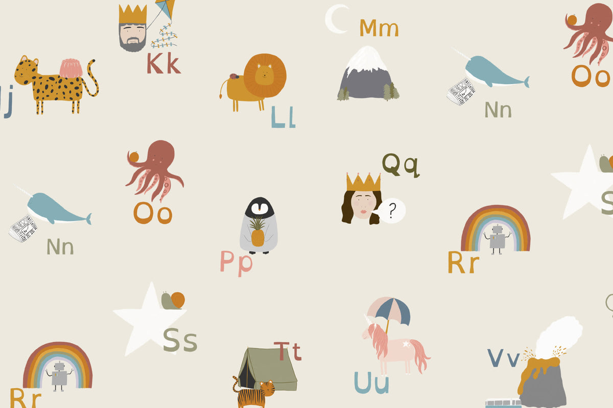 Flat pattern view of The Schoolroom Primer wallpaper in oatmeal and pastel, showing the alphabet letters with animals