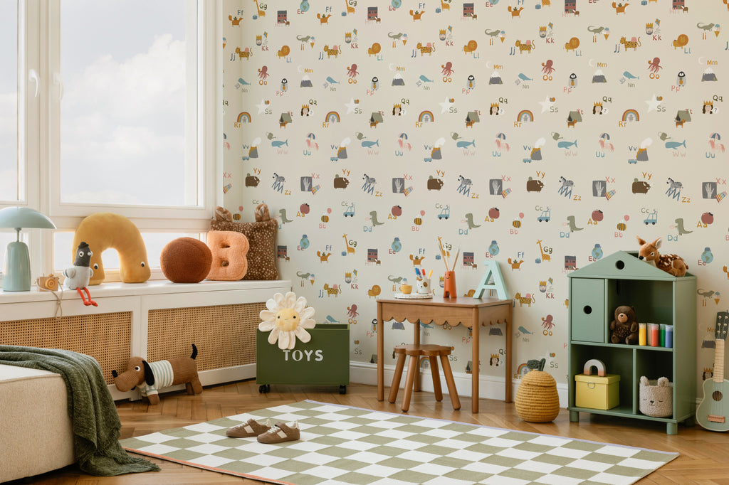 The Schoolroom Primer wallpaper in oatmeal and pastel in a children's room setting, view 3