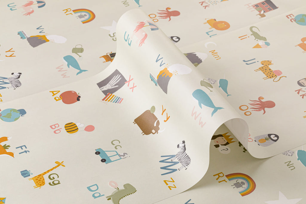 Roll of The Schoolroom Primer wallpaper in oatmeal and pastel