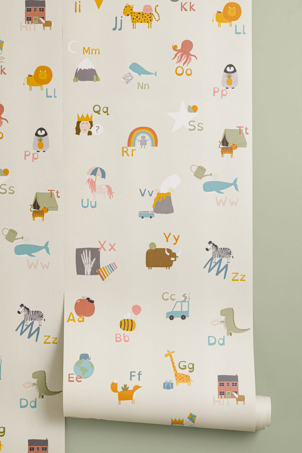 Roll of The Schoolroom Primer wallpaper in oatmeal and pastel, another angle