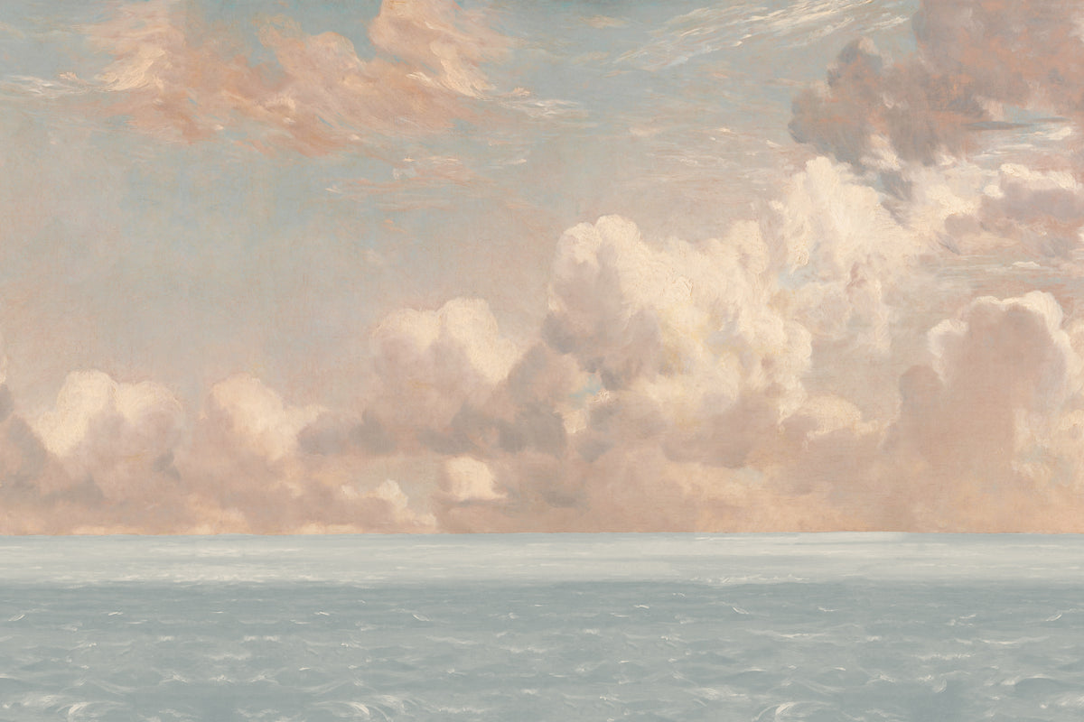 Full artwork view of The Seaward Sky mural in peach and sea blue, showing painted clouds over the sea