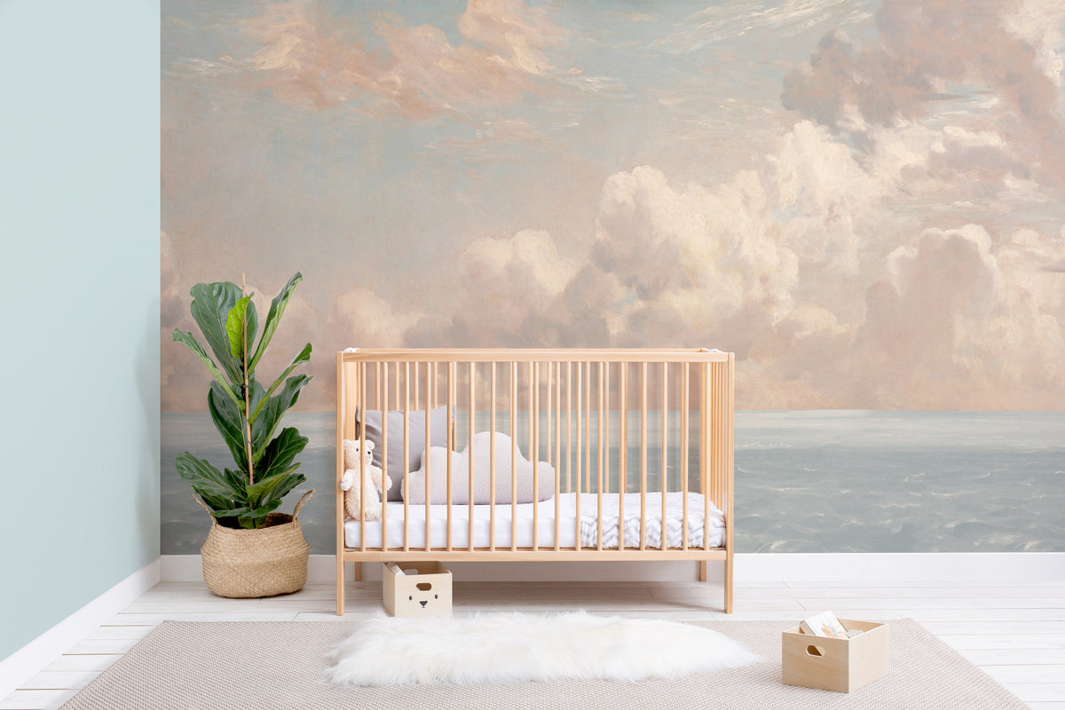 The Seaward Sky mural in peach and sea blue in a child's bedroom