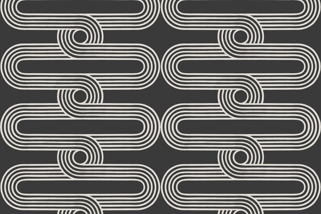 Flat pattern view of The Serpentine Line wallpaper in ink black and white, showing the looping line tracks