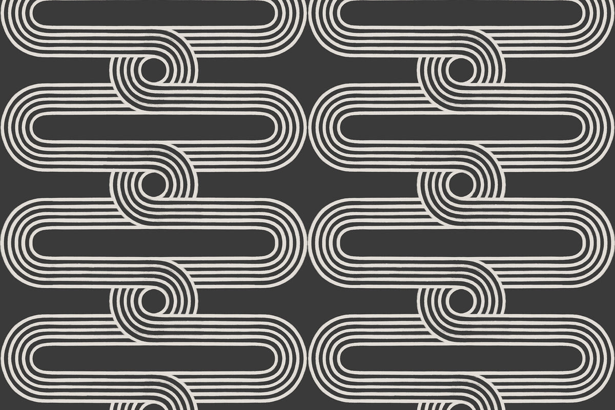 Flat pattern view of The Serpentine Line wallpaper in ink black and white, showing the looping line tracks