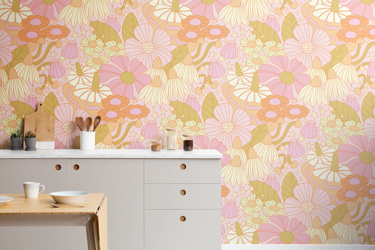 The Seventies Bloom mural in pastel pink in a kitchen