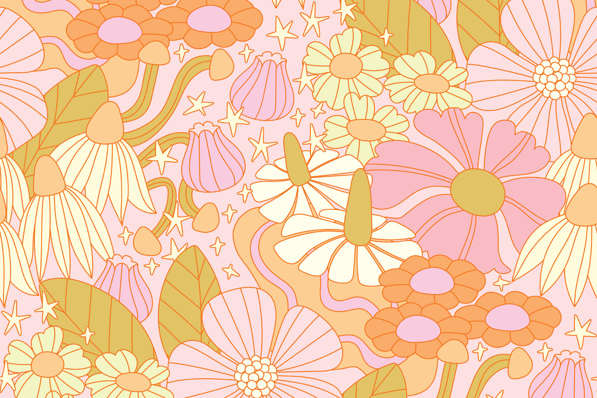 Full artwork view of The Seventies Bloom mural in pastel pink, showing oversized retro blooms