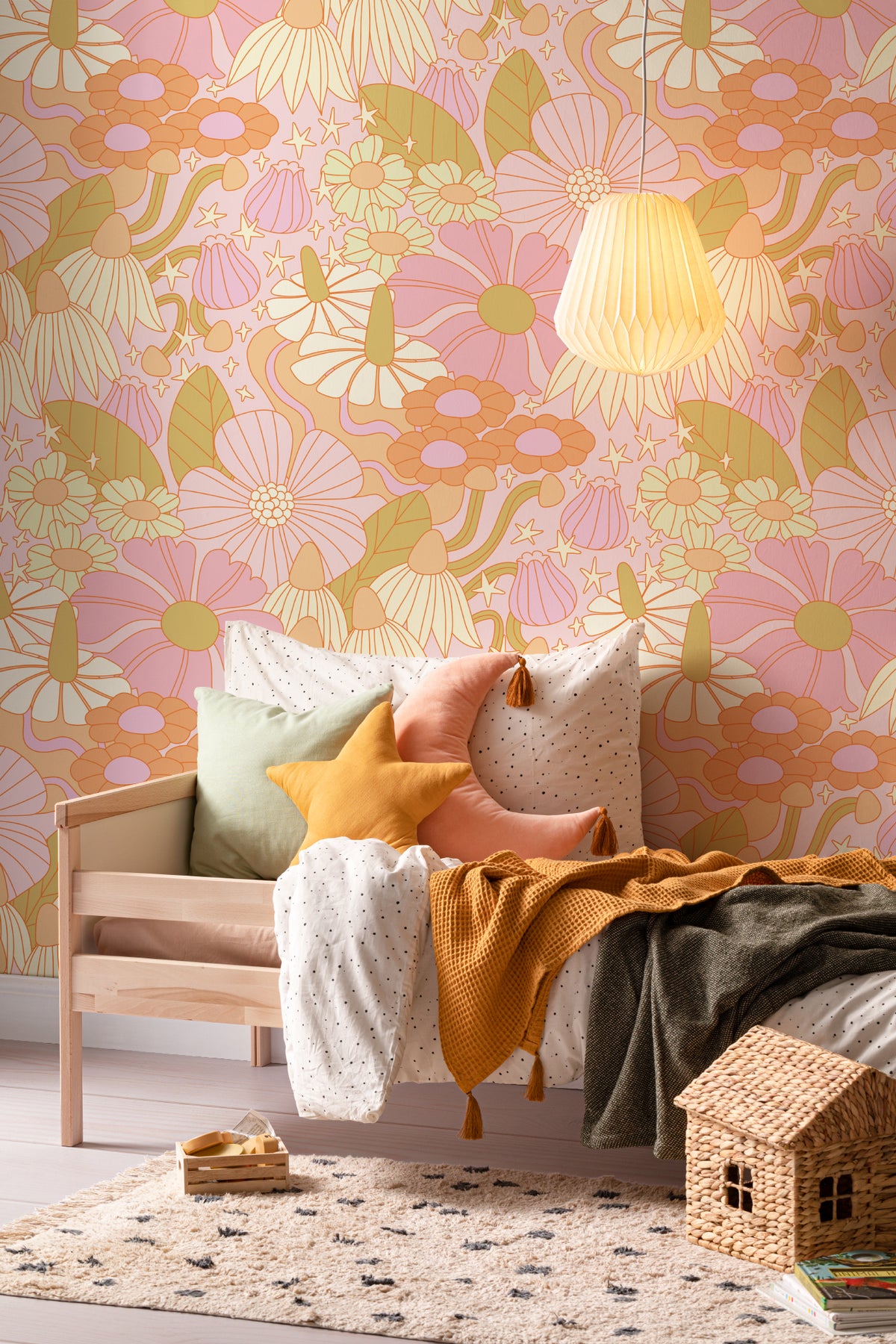 The Seventies Bloom mural in pastel pink in a child's bedroom