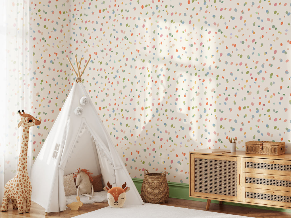 The Sherbet Confetti wallpaper in pastel multi in a children's room setting, another angle