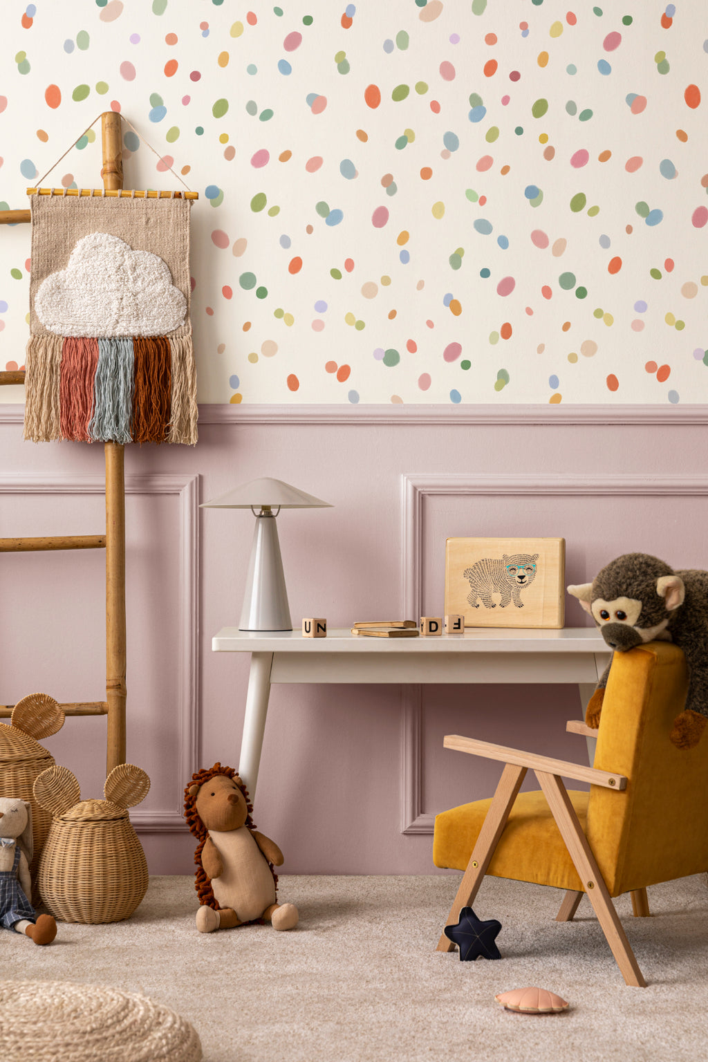 The Sherbet Confetti wallpaper in pastel multi in a children's room setting, view 3