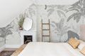 The Sketched Sanctuary mural in soft graphite behind the bed in a bedroom