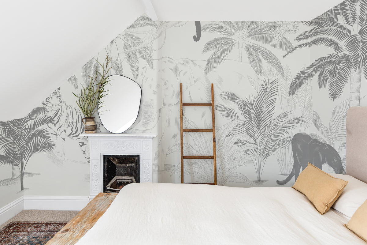 The Sketched Sanctuary mural in soft graphite behind the bed in a bedroom