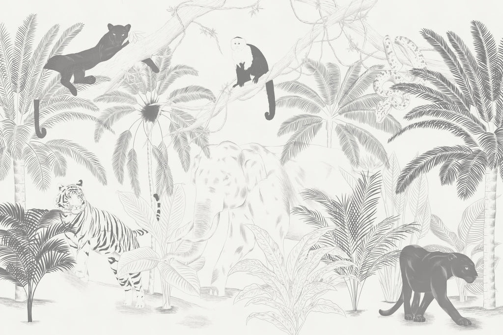 Full artwork view of The Sketched Sanctuary mural in soft graphite, showing sketched jungle animals