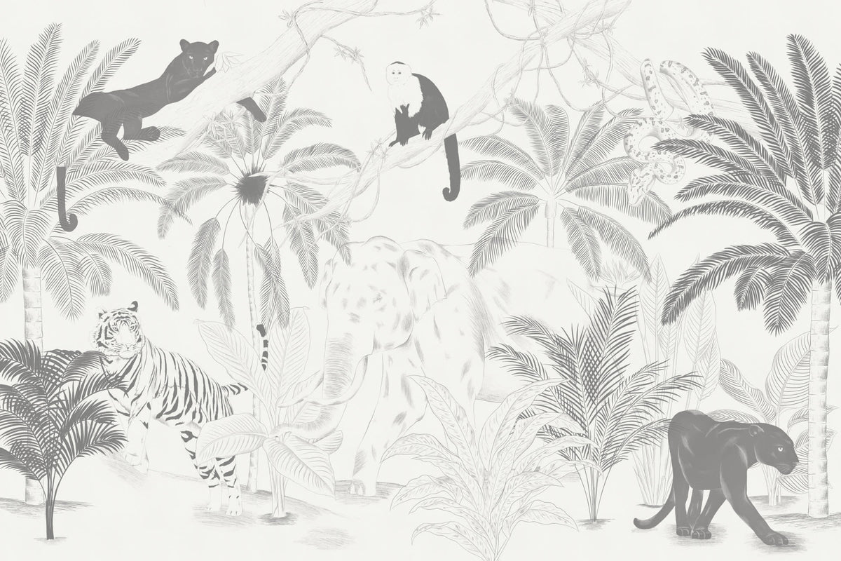 Full artwork view of The Sketched Sanctuary mural in soft graphite, showing sketched jungle animals