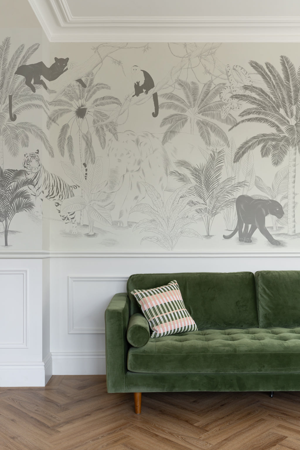 The Sketched Sanctuary mural in soft graphite in a living room