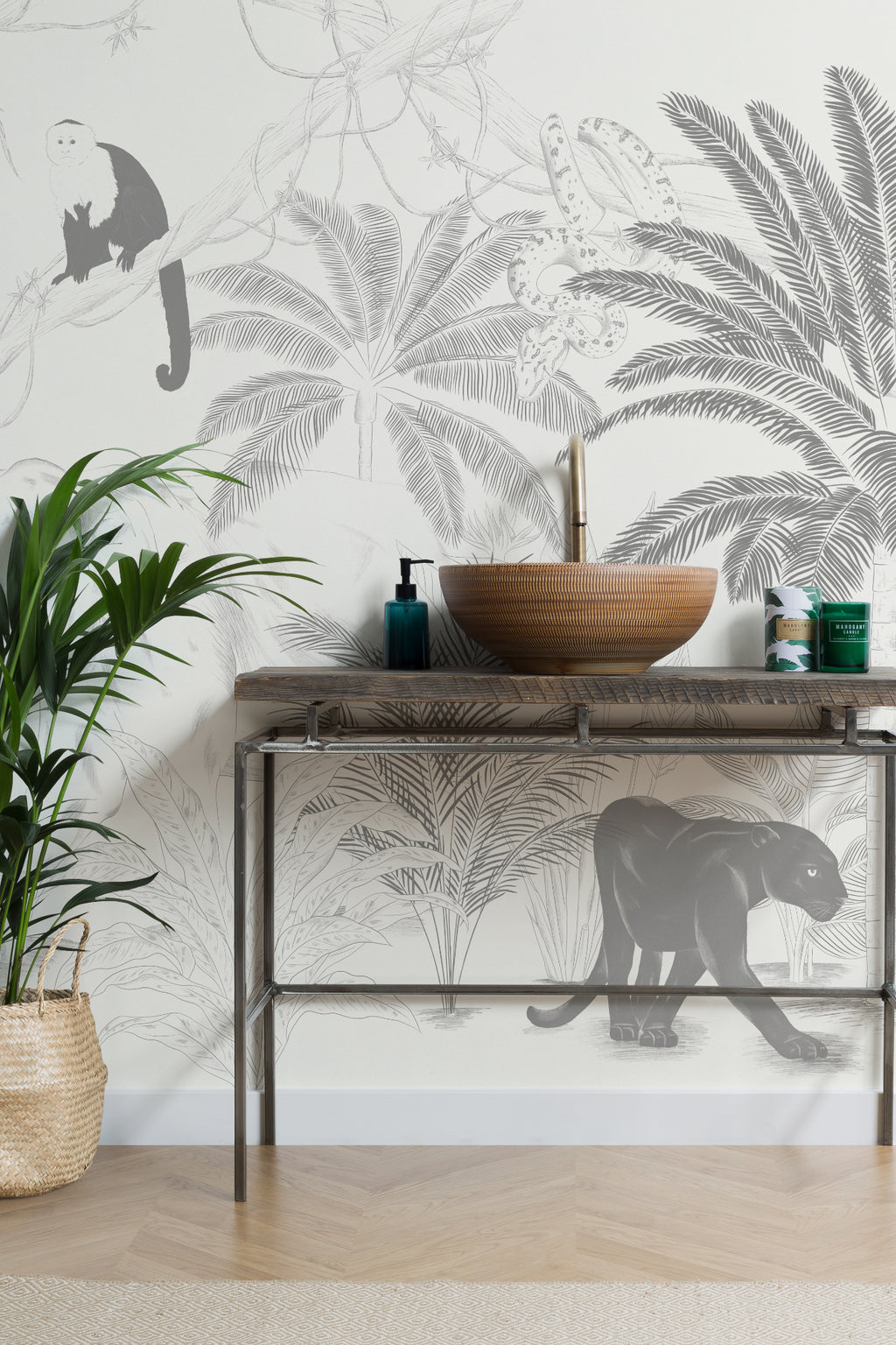 The Sketched Sanctuary mural in soft graphite as a backdrop to styled furniture