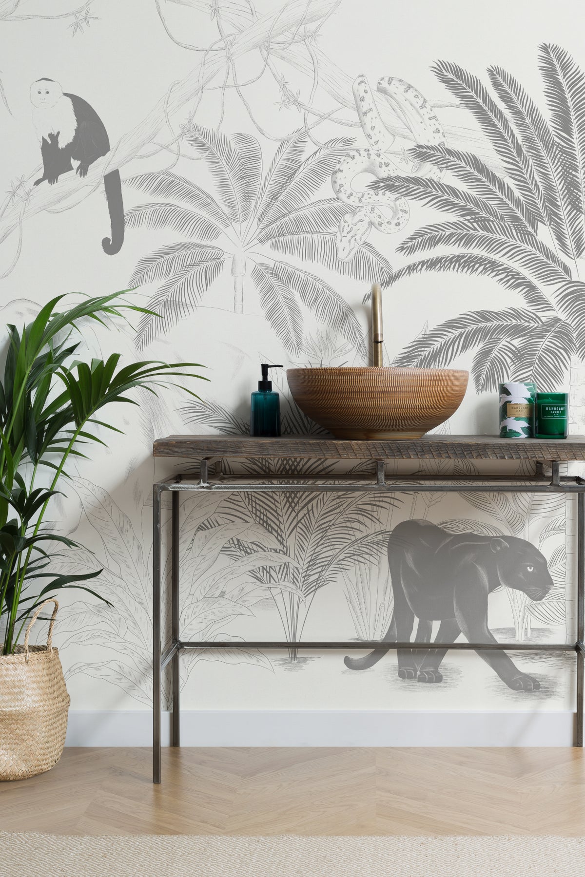 The Sketched Sanctuary mural in soft graphite as a backdrop to styled furniture