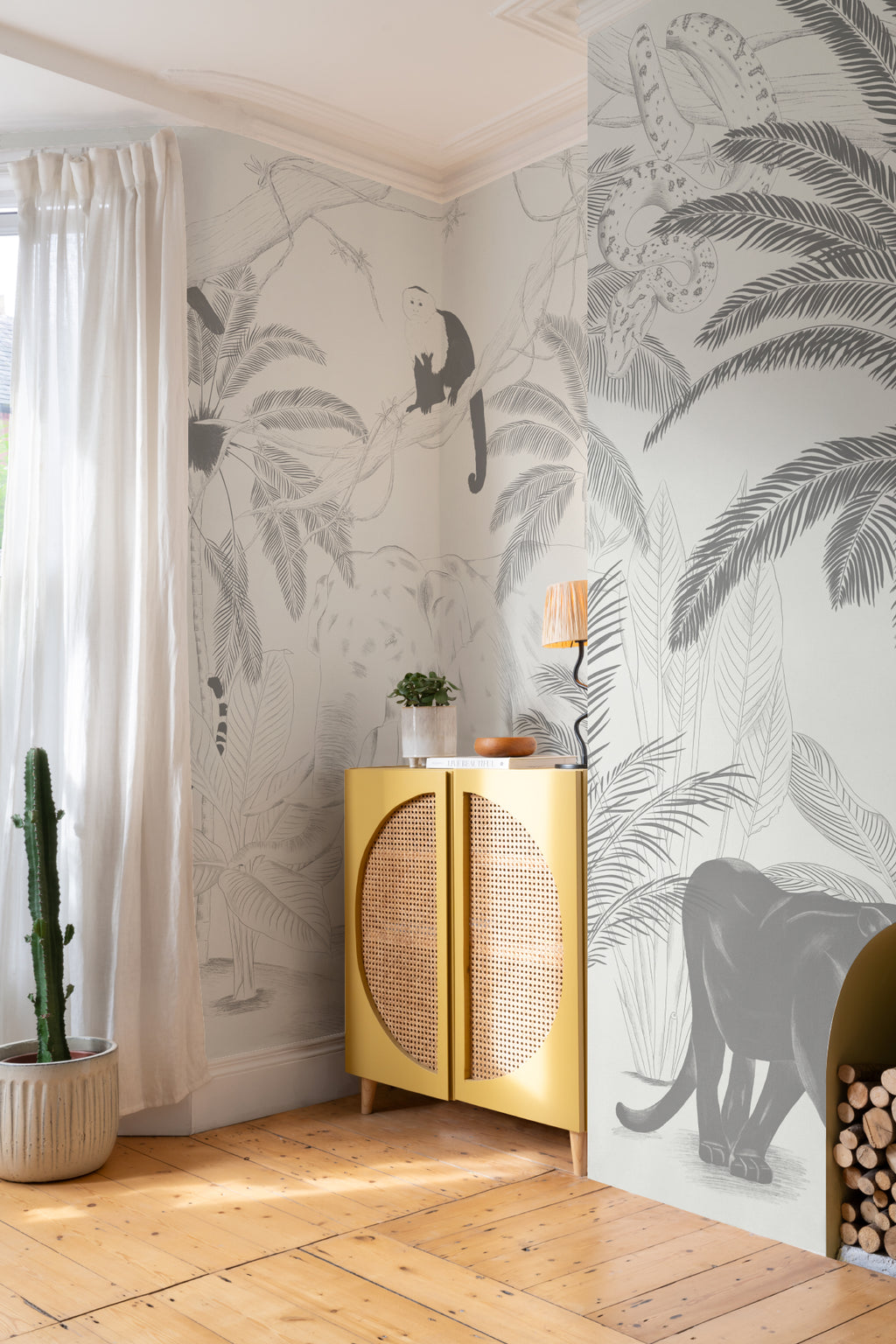The Sketched Sanctuary mural in soft graphite in a hallway