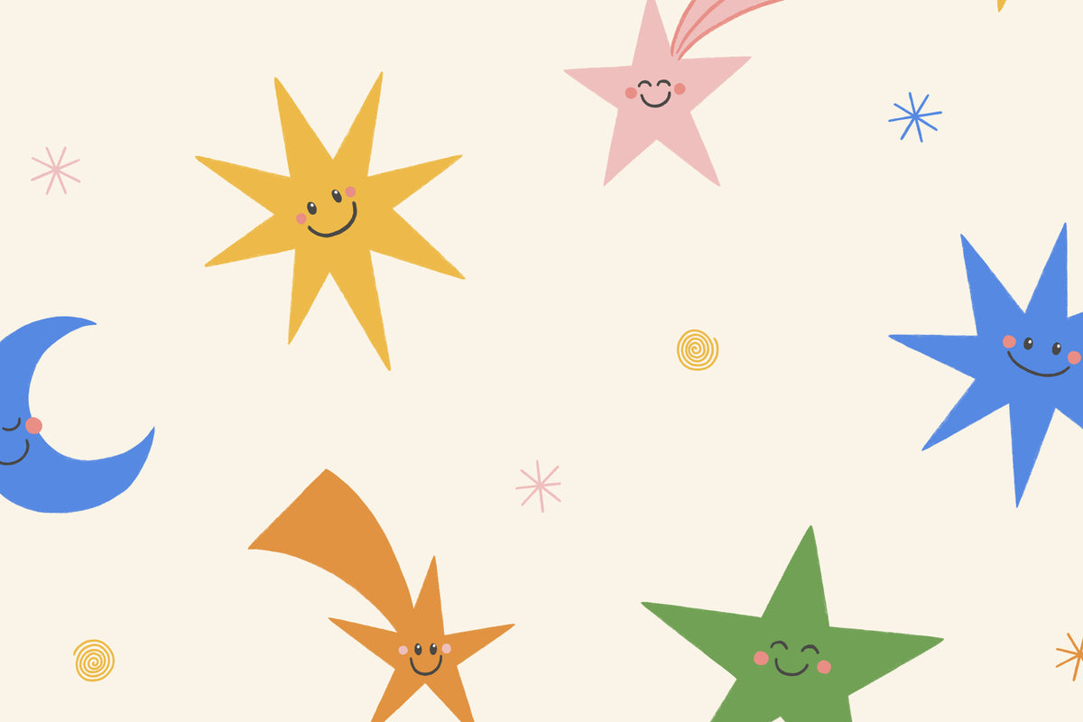 Full artwork view of The Smiling Cosmos mural in sunshine and cobalt, showing smiling stars and moon