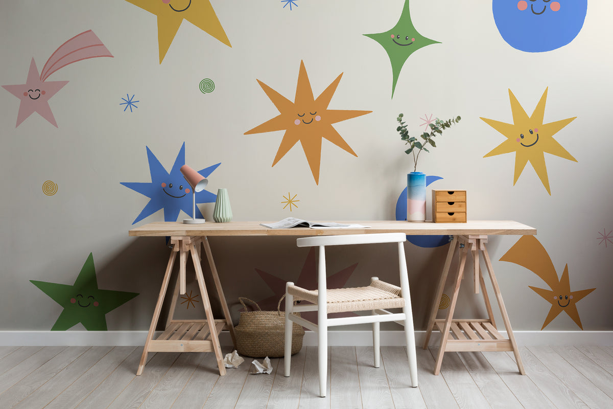 The Smiling Cosmos mural in sunshine and cobalt in a child's bedroom