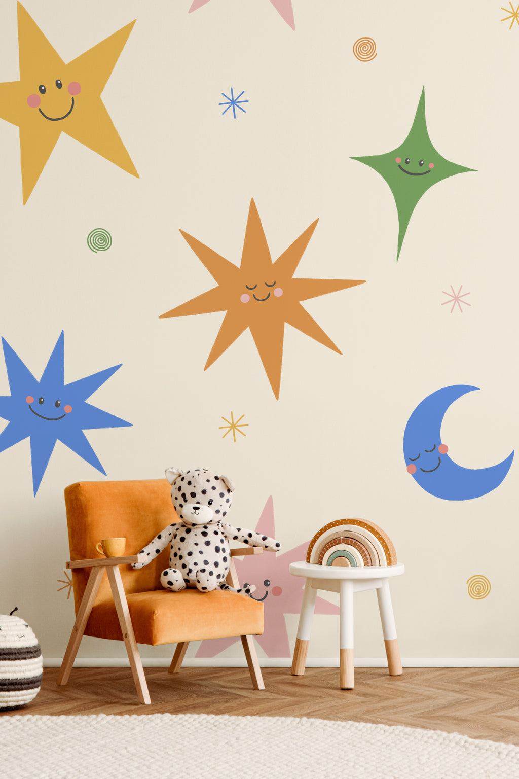 The Smiling Cosmos mural in sunshine and cobalt in a children's room setting
