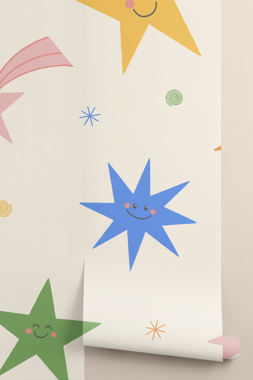 Rolled panel of The Smiling Cosmos mural in sunshine and cobalt