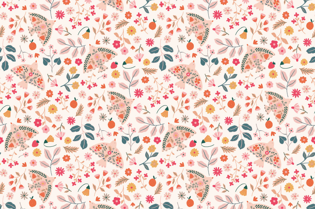 Flat pattern view of The Songbird Parterre wallpaper in blush and coral, showing the folk songbirds and blooms
